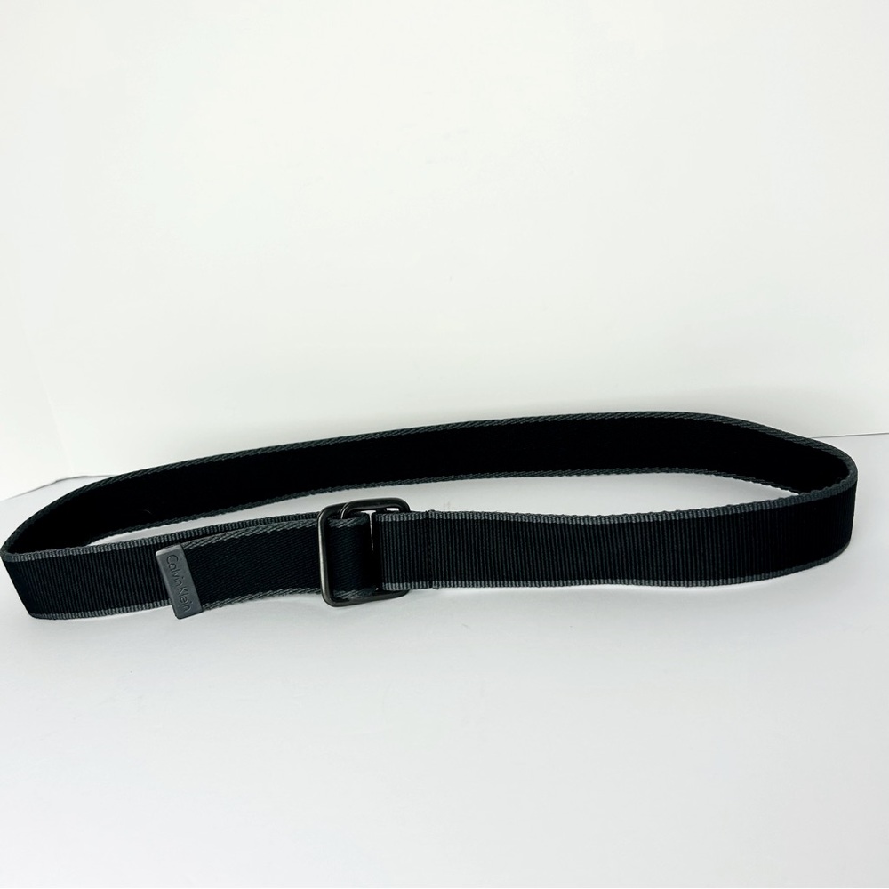 Calvin Klein Cloth Belt Men's Size 36 Black With Gray Trim Logo Nickel Buckle